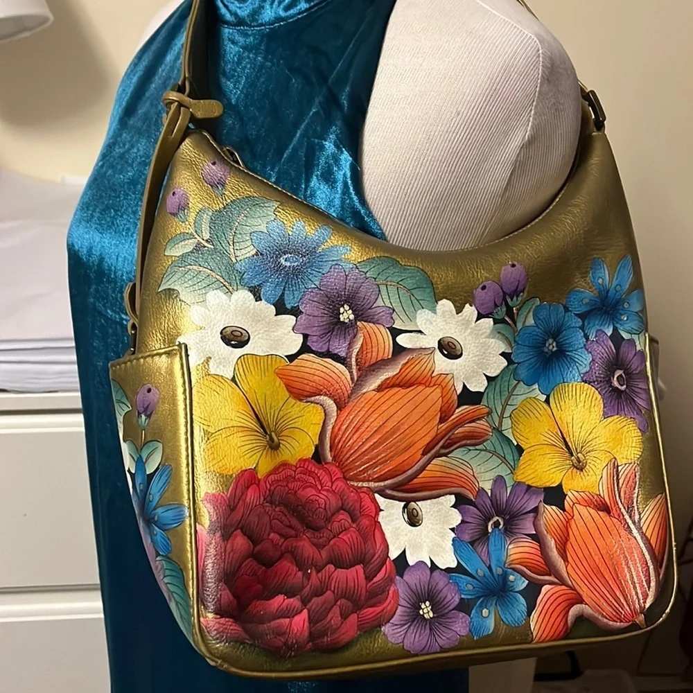 Anuschka hand painted leather golden hobo style shoulder bag